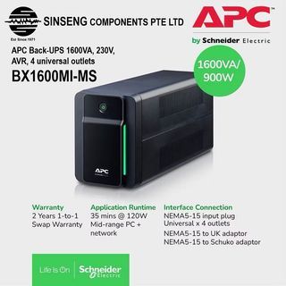 APC UPS BX1600MI-MS 1600 Back-Ups 1600VA, 230V, AVR, 4 universal Outlets, For:Router, PC, IP Camera, CCTV System