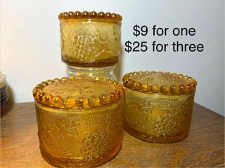 $9 for one / $25 for three Vintage American Style ( Indiana Glass Company / Anchor Hocking / Imperial Glass ) mid-century pressed amber glass candy jar /  canister with lid