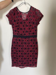 Dorothy Perkins Red and Black Lace Dress - UK 10