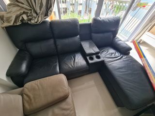 Black Leather Recliner Sofa with Cup Holders