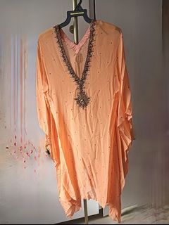 Reesham Melwani designer branded sheer Peach kaftan tunic flowy comfortable  Embellished Kaftan silk embroidery