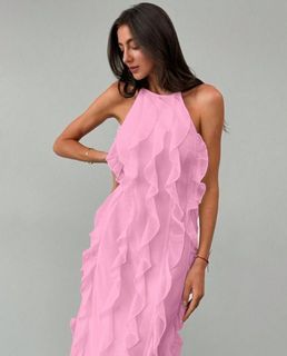 Pink Backless Layered Ruffle Decor Chiffon Dress