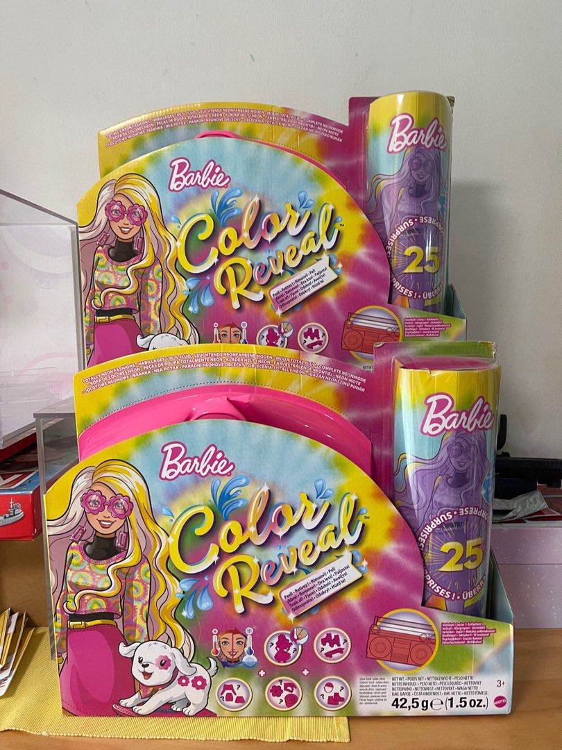 Barbie Color Reveal Tie Dye Peel Doll with 25 Surprises (Category: Kids Toys) located in Singapore. Submitted by ms_golden_week (Listing ID 1413503991, Image 1). Description: The outer boxes are damaged (not suitable for gifting) What you see is what you get .