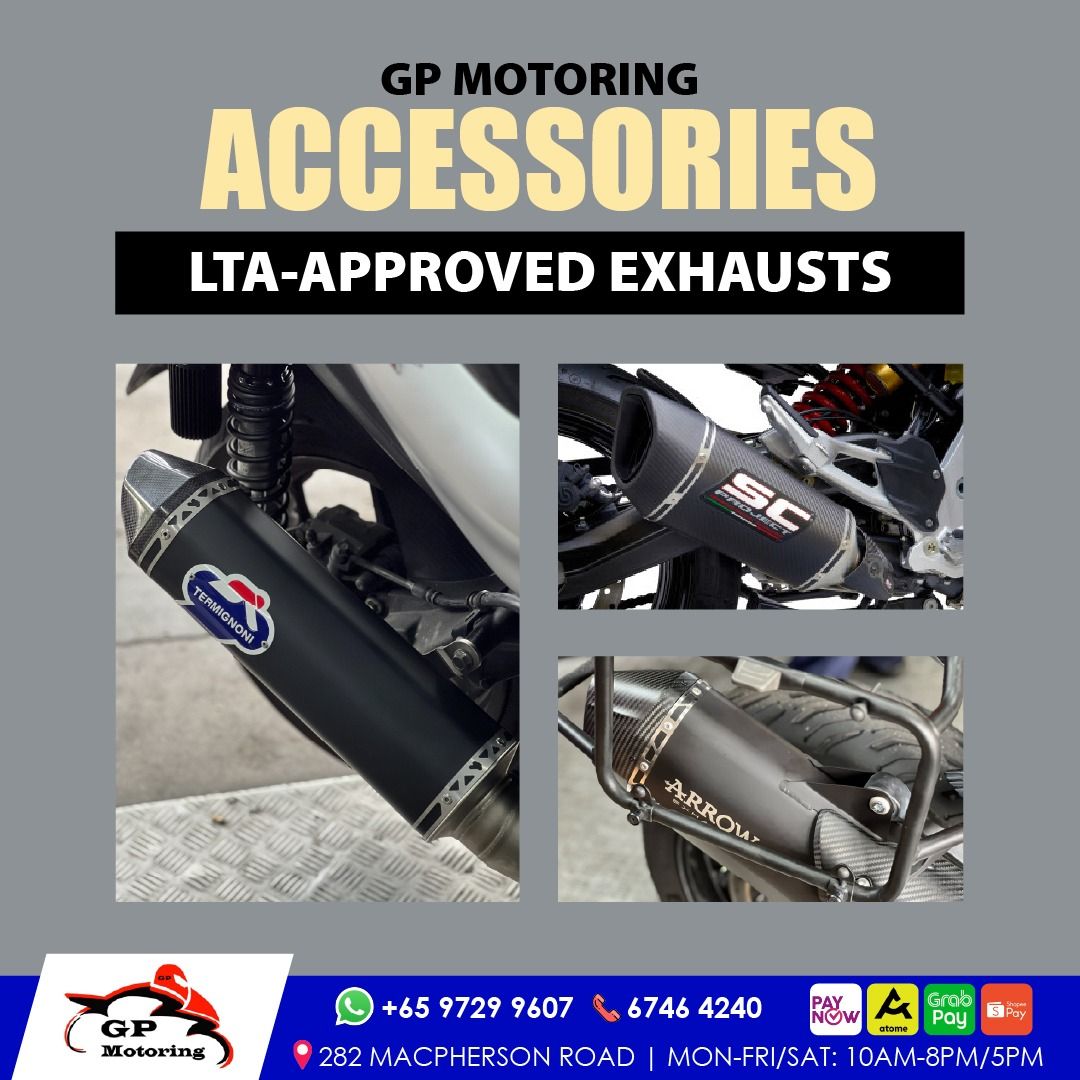 HONDA X-ADV 750 | YAMAHA XMAX V1 | CB400X | CB400 | ZX4RR | TERMIGNONI | AKRAPOVIC | LEOVINCE | SC PROJECT | BODIS | ARROW | YOSHIMURA | MORIWAKI | YAMAMOTO | SP TADAO | LTA APPROVED | BUY NOW, PAY LATER | READY STOCK | ORIGINAL | GP MOTORING | GPMOTORING (Category: Exhaust) located in Singapore. Submitted by gpmotoring (Listing ID 1204087856, Image 2). Description: ✅ LTA Approved Exhausts for KTM, CFMoto, Yamaha, Honda, Kawasaki and more! 💳 BUY