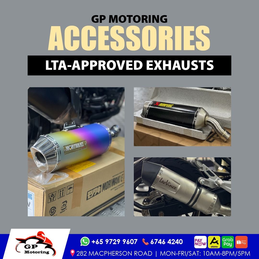 HONDA X-ADV 750 | YAMAHA XMAX V1 | CB400X | CB400 | ZX4RR | TERMIGNONI | AKRAPOVIC | LEOVINCE | SC PROJECT | BODIS | ARROW | YOSHIMURA | MORIWAKI | YAMAMOTO | SP TADAO | LTA APPROVED | BUY NOW, PAY LATER | READY STOCK | ORIGINAL | GP MOTORING | GPMOTORING (Category: Exhaust) located in Singapore. Submitted by gpmotoring (Listing ID 1204087856, Image 1). Description: ✅ LTA Approved Exhausts for KTM, CFMoto, Yamaha, Honda, Kawasaki and more! 💳 BUY