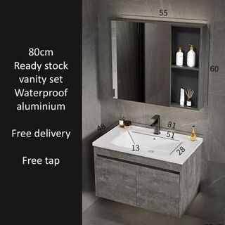 Ready stock 80cm waterproof PVC + aluminum bathroom vanity set toilet cabinet basin cabinet Mud grey cabinet