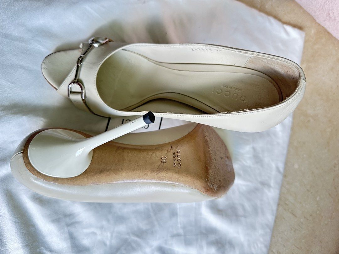 Gucci Peep-Toe Heels - Size 38 (Category: Heels) located in Singapore. Submitted by emilylove (Listing ID 1425674979, Image 3). Description: ✨ Authentic Gucci Leather Heels – Elegant Classic ✨ A beautiful pair of Gucci open-toe leather heels in a timeless cream/ivory shade, featuring the iconic Gucci horsebit hardware. Sophisticated and versatile — perfect for both formal occasions and elegant everyday styling. Crafted with high-quality leather a