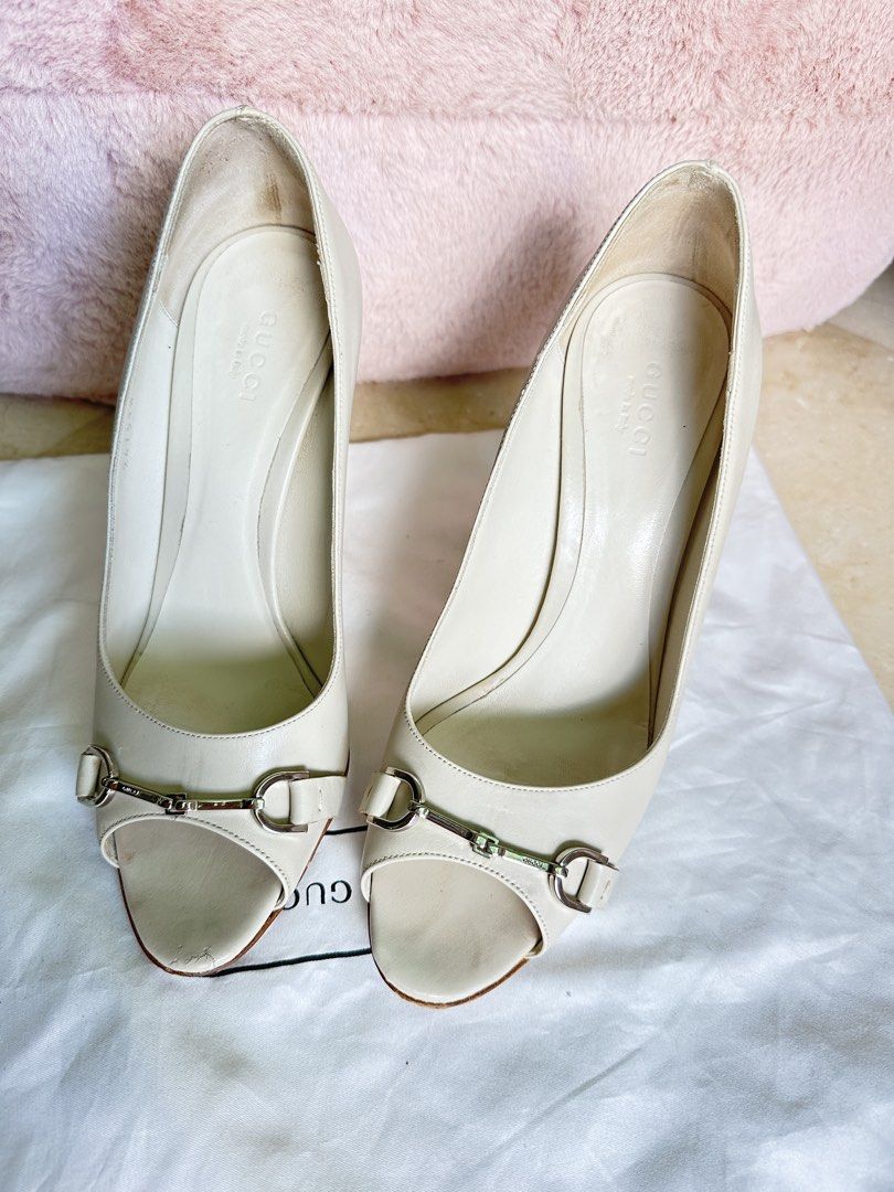 Gucci Peep-Toe Heels - Size 38 (Category: Heels) located in Singapore. Submitted by emilylove (Listing ID 1425674979, Image 2). Description: ✨ Authentic Gucci Leather Heels – Elegant Classic ✨ A beautiful pair of Gucci open-toe leather heels in a timeless cream/ivory shade, featuring the iconic Gucci horsebit hardware. Sophisticated and versatile — perfect for both formal occasions and elegant everyday styling. Crafted with high-quality leather a