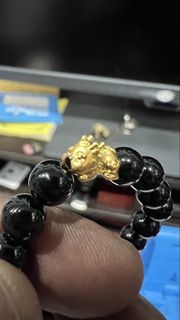 Black Bead Bracelet with Gold Pixiu Charm