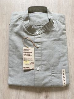 MUJI Linen Cotton Stand Collar L/S Shirt - Leaf Green - L