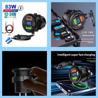 Car USB Charger PD3.0 & QC3.0 Fast Charging Socket with Voltmeter On/Off Switch 12/24V For Motorcycle Boat Auto Accessories