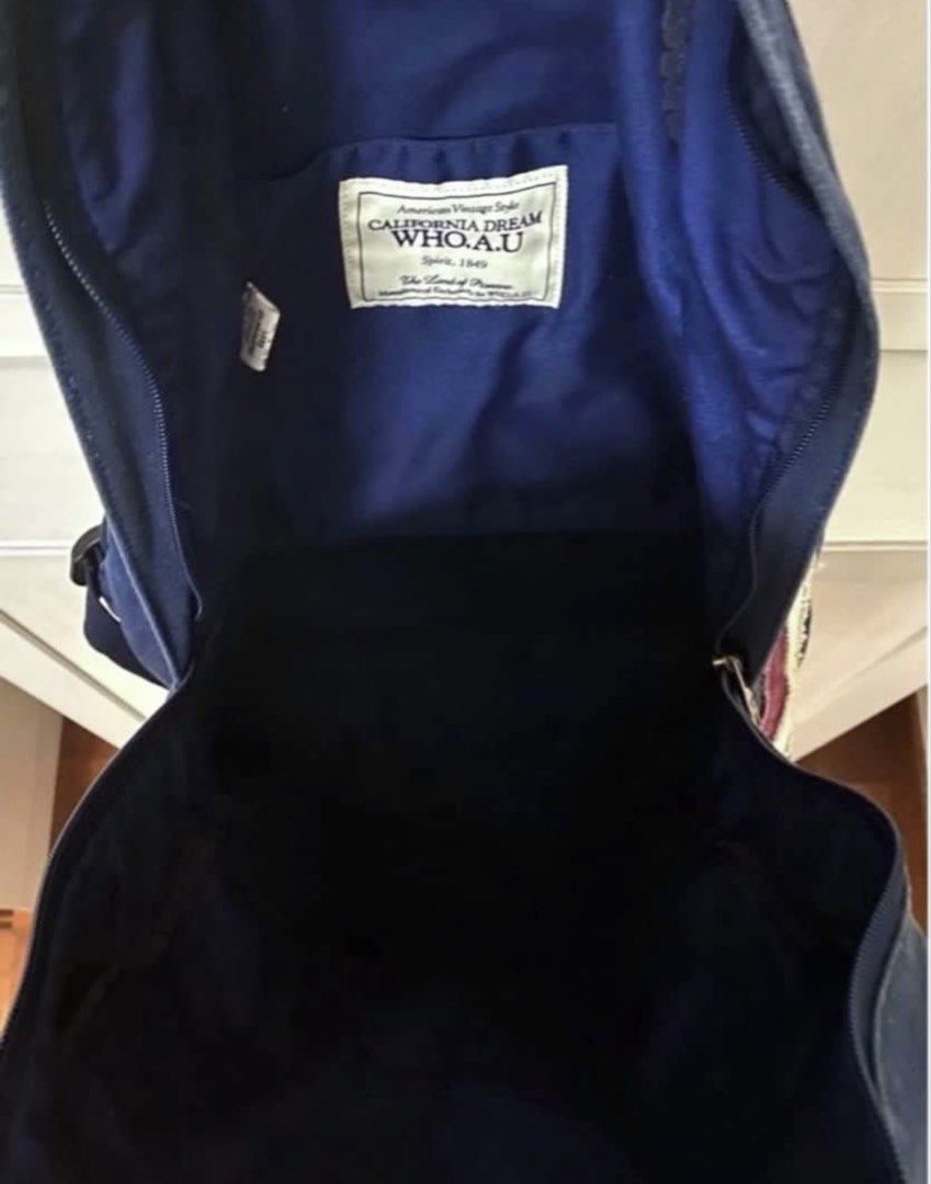 WHO.A.U California Dream Backpack (new) (Category: Backpacks) located in Singapore. Submitted by wallis1 (Listing ID 1428275388, Image 6). Description: Brand new American vintage style Blue canvas Large size 1 outer pocket 1 inner pocket Adjustable strap .