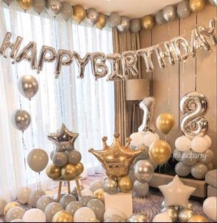<In Stock> White Grey Silver Gold Chrome Balloons Age Number Birthday Balloon Set / 18 Inch Star Silver Crown Happy Birthday Party Decoration DIY Package