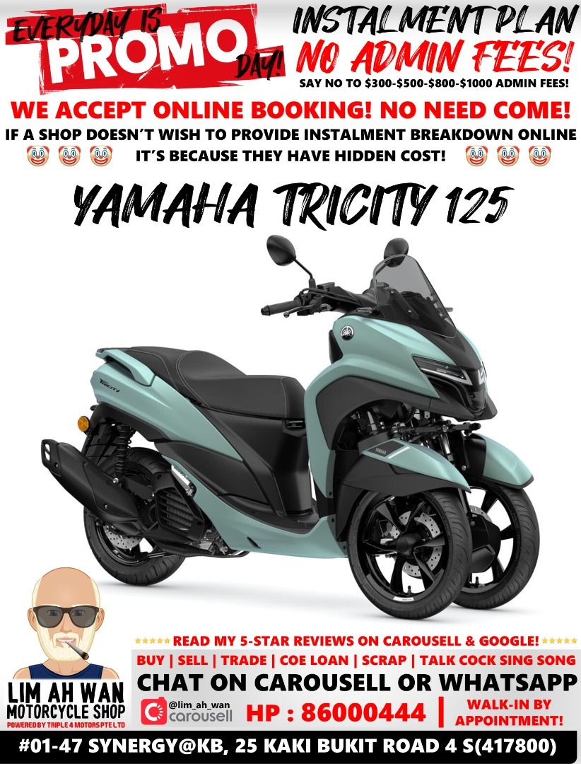 YAMAHA TRICITY 125 ABS (Category: Class 2B) located in Singapore. Submitted by lim_ah_wan (Listing ID 1214240594, Image 1). Description: **PRICE AMENDED WITH LATEST COE $11301 (20/08/2026)** ASK ME FOR PRICELIST & FULL BREAKDOWN! Some shops don’t want to give you price breakdown online? 😏 They will die die ask you come down so can find way to chop you! 😝 Just message me! I will send you instalment breakdown for 100% transparency! Crystal clear 