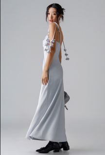 YHF Petal Satin Maxi Dress with Floral Straps in Soft Blue