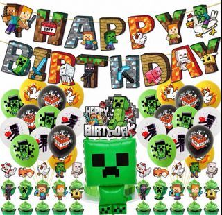 [Ready Stock]My World Minecraft Creeper-shaped  themed  Happy Birthday party decorations Set ( Including aluminium foil balloons )