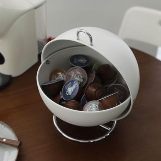 ❣️SPACEIDEAS❣️ Round Metal (25cm*25cm) Coffee Pod Storage Basket with Flip Cover, Snacks Storage Box, Entrance Organizer/Coffee Pod Holder, Creamer Organizer, Candy Bowl, Snacks Jar, Key Storage Box, Key Holder, Desktop Storage, Entrance Container