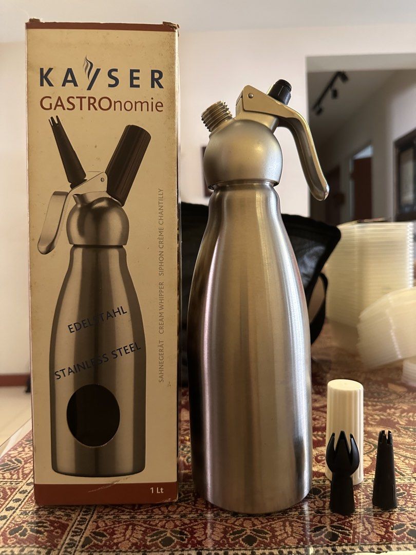 Kayser Gastronomie Stainless Steel Cream Whipper (Category: Other Kitchenware & Tableware) located in Singapore. Submitted by 9vbp69tnmh44654 (Listing ID 1433043178, Image 3). Description: Kayser Gastronomie cream whipper, 1 liter capacity. Made of stainless steel. Includes the original box and three nozzle attachments. Perfect for making whipped cream, mousses, and other culinary creations..
