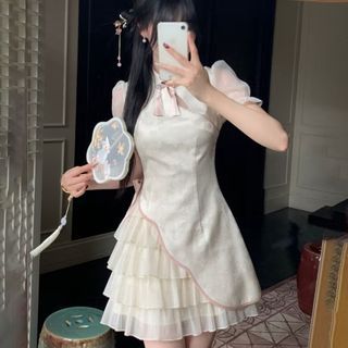 Modern Chinese 新中式 pink white apricot qipao cheongsam asymmetrical layered ruffle mini short dress with puff mesh sleeves ribbon