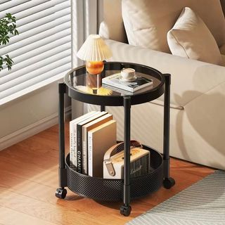 Modern Round Coffee Side Table | Living Room Side Table | Mobile Wheels Utility Table | Bedside Sofa Table | Compact Space Saving Table | Storage Basket Coffee Table | Rolling End Side Table