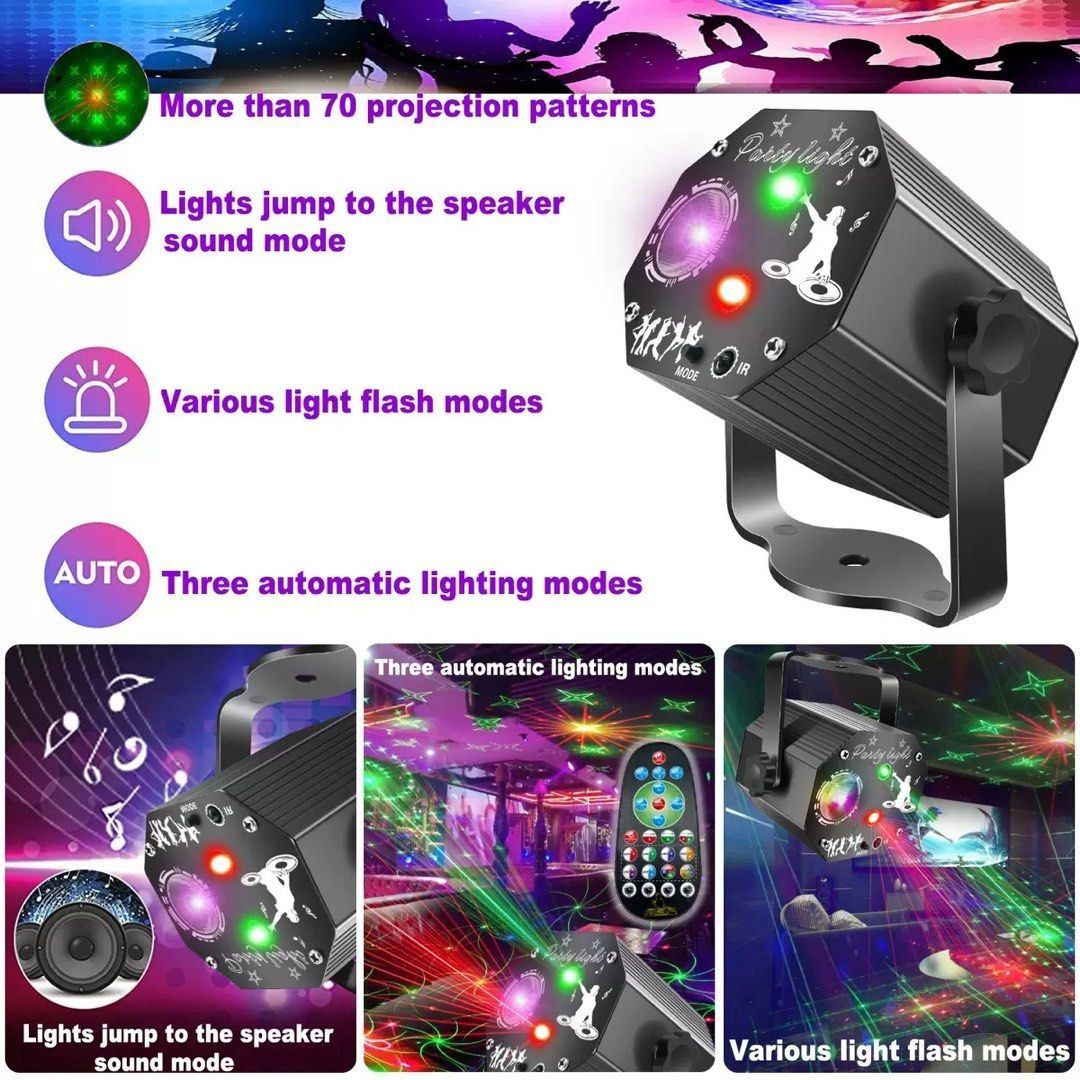 Party Lights Dj Disco Lights, 2 in 1 Laser & LED Bright Disco Light 70 Different Patterns Strobe Effect Party Light with Remote Control Voice Activated Control (Category: Occasions & Party Supplies) located in Singapore. Submitted by hiddengemm (Listing ID 1435226411, Image 2). Description: 【Upgraded Amazing Laser Pattern Show】Enjoyedled 2025 New Upgraded 2-in-1 Laser & LED pretty bright disco lights for parties, equipped with 72 combinations of 