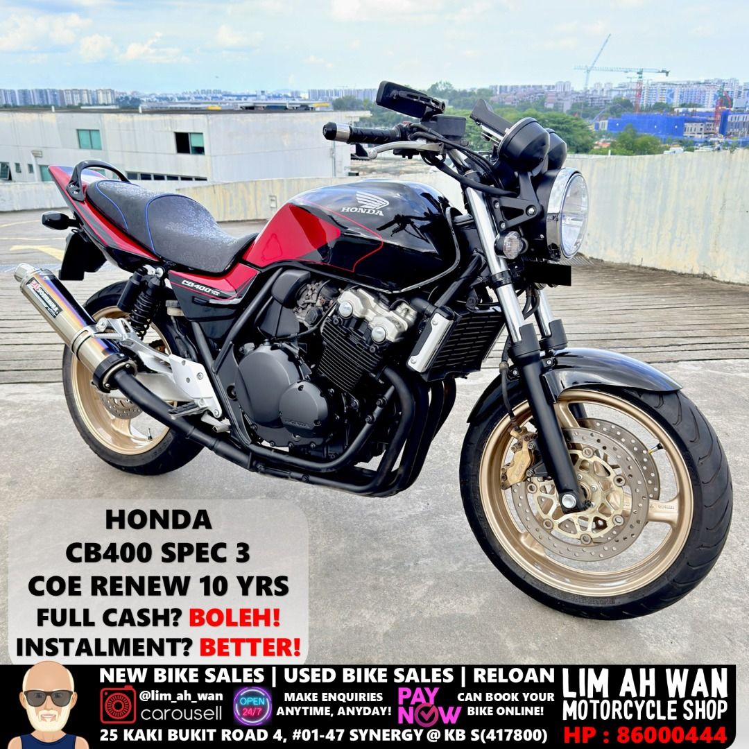 USED Honda CB400 Spec 3 with YOSHIMURA (Category: Class 2A) located in Singapore. Submitted by lim_ah_wan (Listing ID 1435244562, Image 1). Description: USED HONDA CB400 SPEC 3 WITH YOSHIMURA FOR SALE! 🥰 REG : 11 OCT 2006 COE : RENEW 10 YEARS ROADTAX : 10 OCT 2026 INSPECTION : 10 OCT 2026 SELLING $16888 FULL CASH. Excluding insurance & $25 LTA transfer ownership fee. LOAN CAN BE PROVIDED IF NEEDED. YOU MAY ALSO SOURCE YOUR OWN LOAN. Contact 86-0