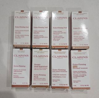 Clarins Extra firming day cream, night cream, Extra firming treatment essence, Extra firming collagen lift plumping crem, cogen night crem, Extra firming mask