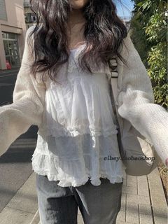 purple cardigan white cami set