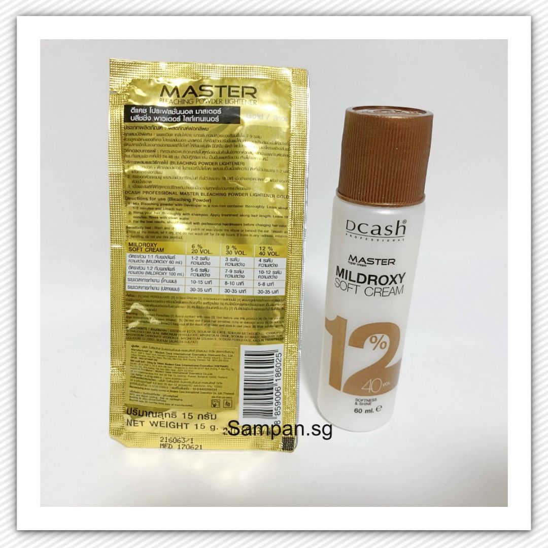 Dcash Master Bleaching Powder Lightener set Bleaching Powder 15g + Developer 60ml (Category: Hair) located in Singapore. Submitted by sampan.sg (Listing ID 1437483778, Image 7). Description: Product details of Dcash Master Bleaching Powder Lightener set Bleaching Powder 15g + Developer 60ml Key Benefits: Fine powder for smooth and even application Lifts hair color up to 7–9 levels Effectively brightens and lightens dark hair Helps protect hair st