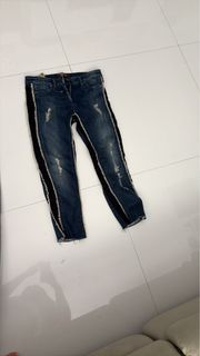Distressed Denim Jeans with Black Side Stripe