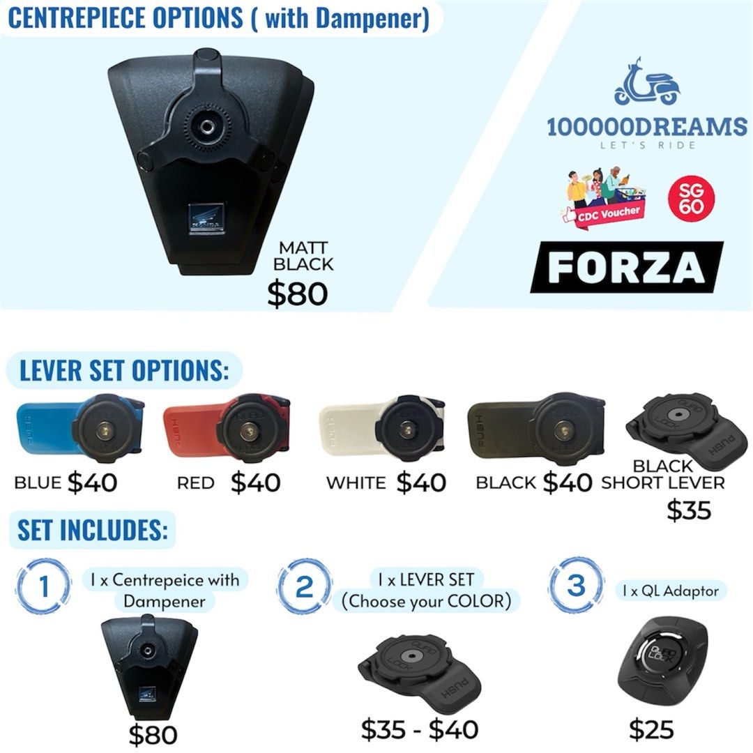 QUADLOCK - NMAX TURBO V2 XMAX V1 V2 quad lock (Category: Motorcycle Apparel) located in Singapore. Submitted by 100000dreams (Listing ID 1356236365, Image 2). Description: Full set plug and play directly Less hassle no patent or creation ownership whatsoever la 🤣🙈 You get : 1x Centrepiece Fitted with QL Dampener 1x Quadlock Lever Set 1x QL Universal Adaptor V1 Self collection 650360 Installation available Free Shipping and Delivery .