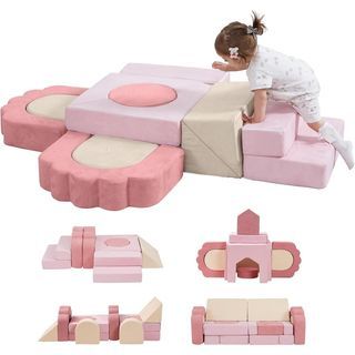 13 Pieces Foam Climbing Blocks for Toddlers 1-3|Floral Baby Soft Play Gym,Kids Indoor Crawing Climbers & Play Structures for Bedroom,Livingroom & Playroom,Pink & Beige - [] []