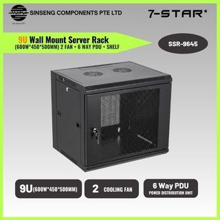 7-STAR* 9U Mesh Wall Mount Server Rack Cabinet for CCTV/Data/Network Equipment with 2 Fans & 6 Way UK PDU (600x450x500mm) – Model: SSR-9645