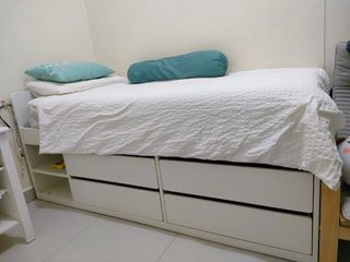 IKEA White Bed Frame with Storage Drawers and Mattress