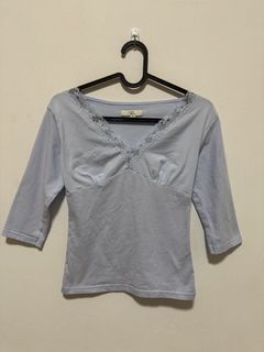 Studio rue Light Blue V-Neck Top with Lace Detail