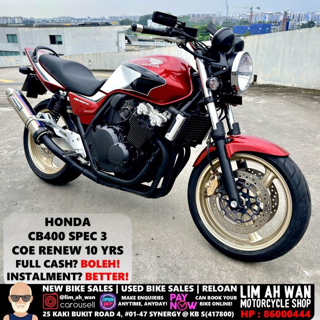 USED Honda CB400 Spec 3 with YOSHI (Category: Class 2A) located in Singapore. Submitted by lim_ah_wan (Listing ID 1439480476, Image 1). Description: USED HONDA CB400 SPEC 3 WITH YOSHIMURA FOR SALE! 🥰 REG : 11 OCT 2006 COE : RENEW 10 YEARS ROADTAX : 10 OCT 2026 INSPECTION : 10 OCT 2026 SELLING $16888 FULL CASH. Excluding insurance & $25 LTA transfer ownership fee. LOAN CAN BE PROVIDED IF NEEDED. YOU MAY ALSO SOURCE YOUR OWN LOAN. Contact 86-000-4