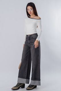 YHF PETITE PUCKER CUFFED WIDE LEG JEANS IN GREY WASH