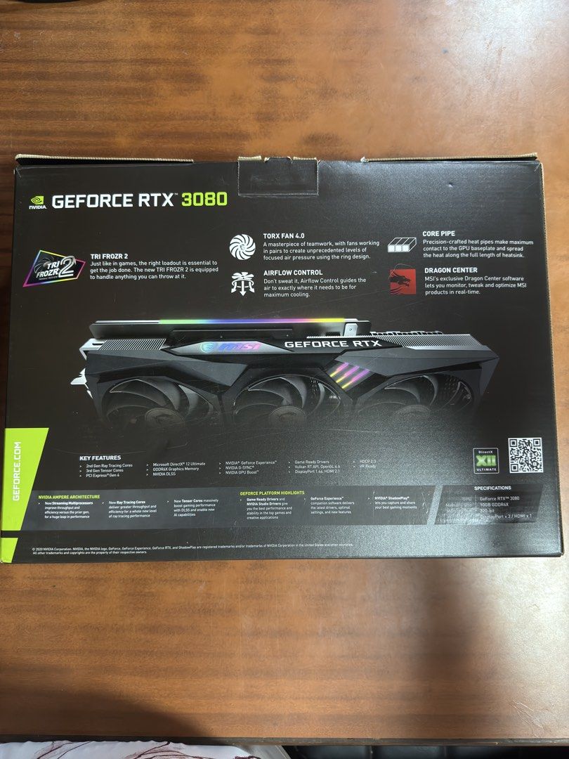 MSI GeForce RTX 3080 Gaming X Trio Box Only (Category: Computer Parts) located in Singapore. Submitted by tommmiiieeee (Listing ID 1439786747, Image 3). Description: Used item Box only box only box only Else im recycling it as paper Stupid questions will not be entertained $12 take and go self collect @ my address / pasir ris mrt ONLY.