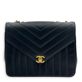 Chanel CC Vintage Chevron Envelope Flap Shoulder Bag Black in Lambskin, Gold hardware