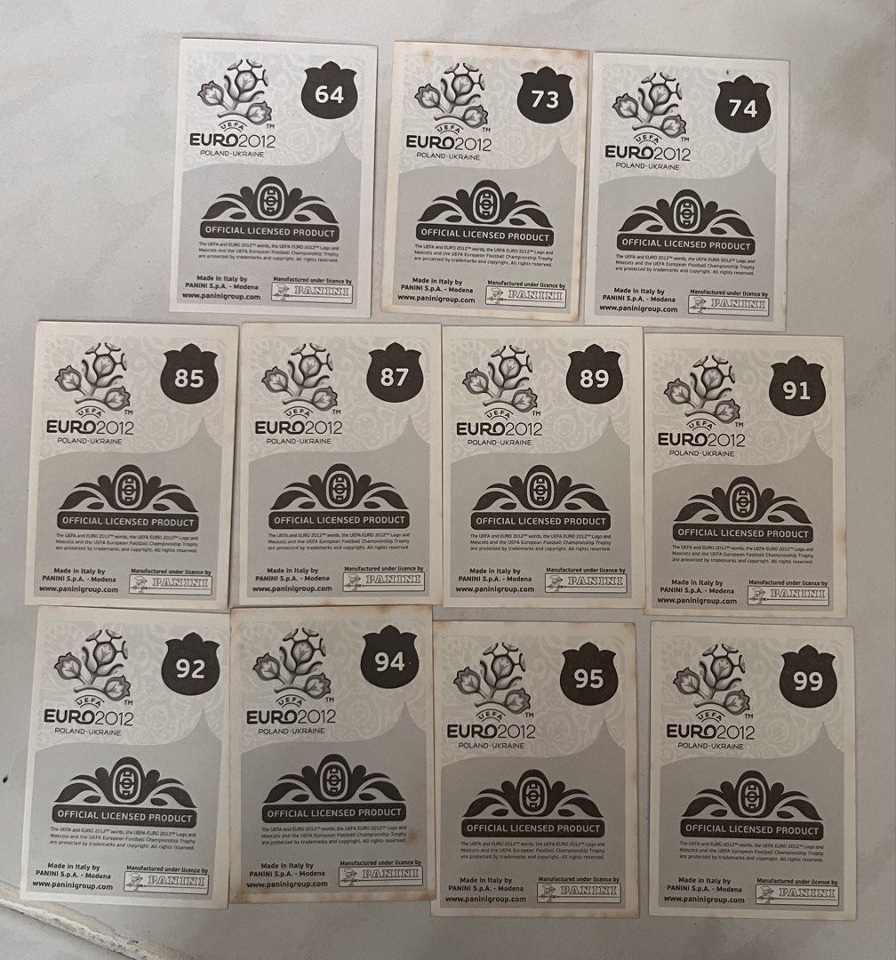 EURO 2012 LOOSE PANINI STICKERS BUNDLE / REGULAR OR TRACKED MAIL ONLY (Category: Other Merchandise) located in Singapore. Submitted by toooldforthis (Listing ID 1440307876, Image 1). Description: 107 loose stickers A few duplicates 2 shinies $10 whole lot only Add $0.90 for regular mail (no tracking) or $2 for tracked mail No meet up No return No refund No exchange Paylah / Paynow only.