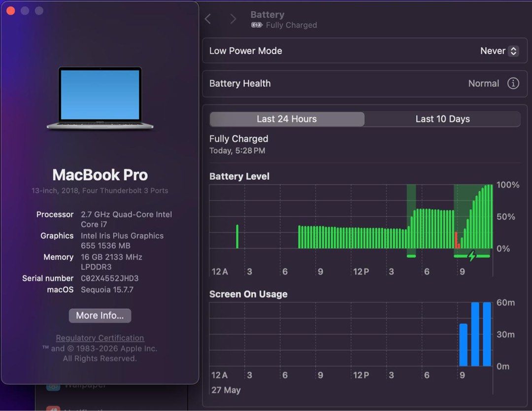 MacBook Pro 13-inch (2018) | 2.7 GHz i7 16GB/512GB (Category: Laptops & Notebooks) located in Singapore. Submitted by _yksoong (Listing ID 1440361783, Image 2). Description: First Come First Serve (my loss your gain) MacBook Pro 13-inch (2018) - macOS Sequoia 15.7.7 - 2.7 GHz Quad-Core Intel Core i7 - 16 GB RAM - 512 GB Storage - Normal Battery Health - Good Screen Condition - All ports in working condition - No box (Laptop ONLY).