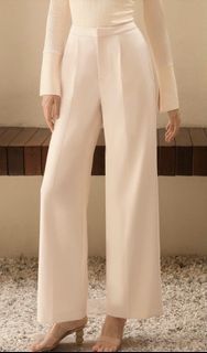 Cream Wide Leg Pleated Trousers