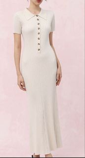 Ribbed Knit Collared Button-Up Midi Dress