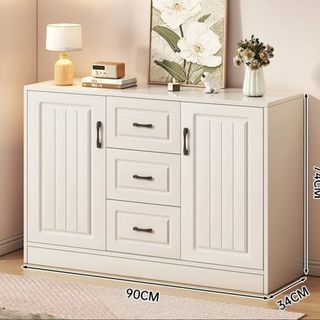 White Sideboard Cabinet | 4 Drawers + 2 Door Storage | Farmhouse Style Console Table | Large Entryway Hallway Cabinet | Living Room Buffet Table | Bedroom Storage Dresser | Modern White Home Furniture