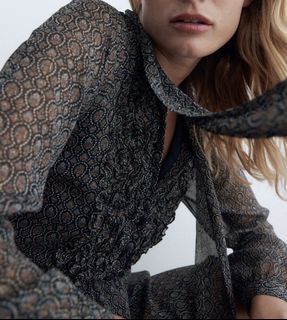 ZARA Printed Ruffle Tie Neck Long Sleeve blouse