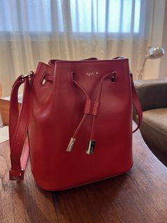 Agnès b. Red Leather Drawstring Bucket Bag