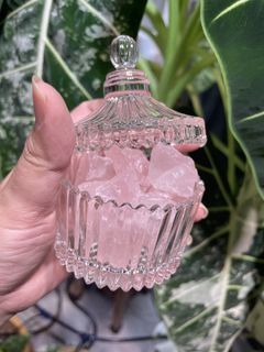 Glass Candy jar with Rose Quartz raw stones (粉晶)