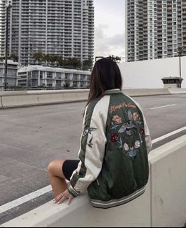 Embroidered Embroidery Bomber Jacket Olive Green Beige Two Tone