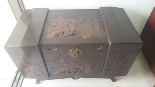 Antique Carved Wooden Chest Trunk
