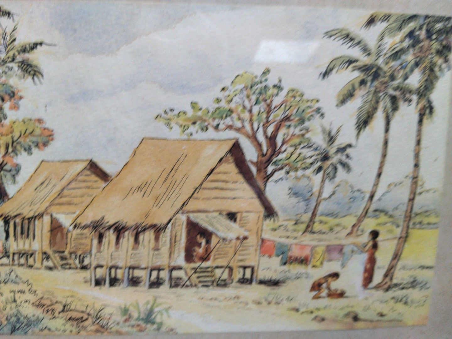 1950s Kampong Scenery Watercolour Painting of Tropical Village Scene (Category: Frames & Pictures) located in Singapore. Submitted by mypassionlisbon (Listing ID 1441154919, Image 2). Description: - Framed watercolour painting - kampong scene with stilt houses and palm trees - Figures in foreground - Artist signature: C.H. Soh - Frame: Black and gold decorative border - Dimensions: Approx. 19 inches x 15 inches.